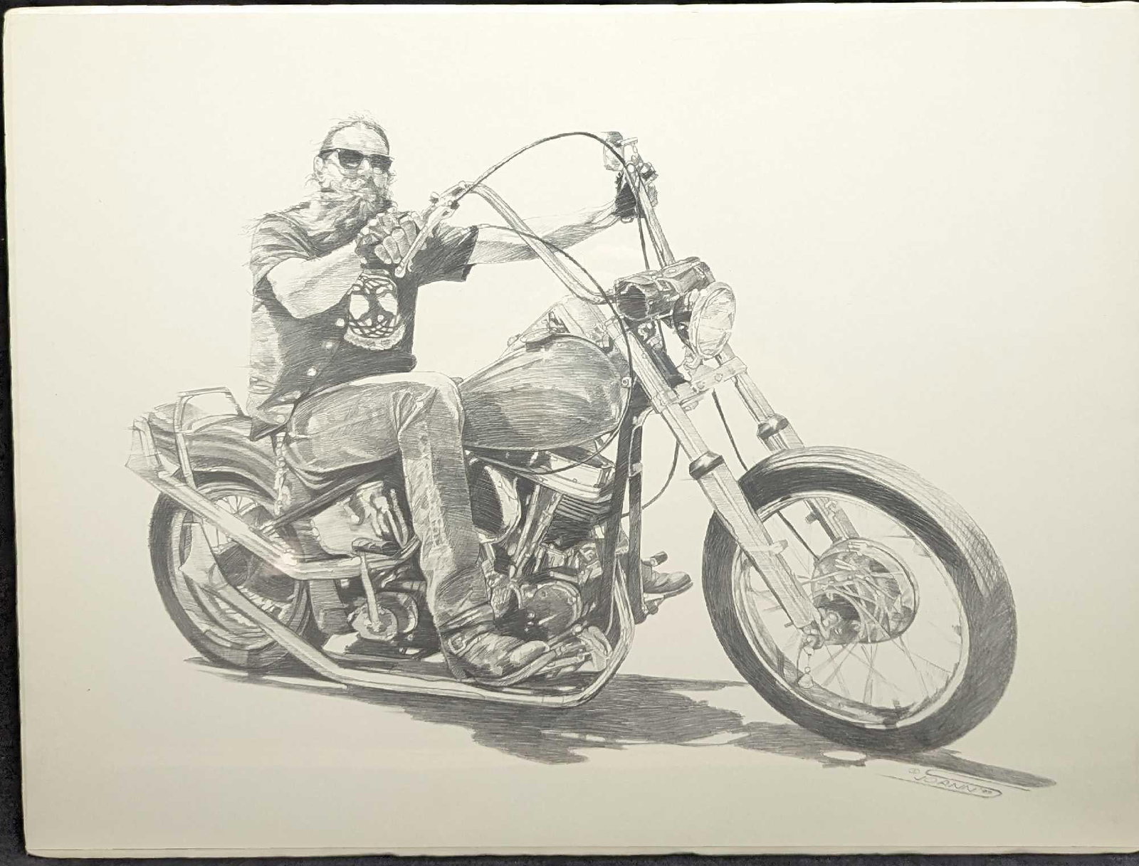 Motorcycle Biker Joann Print: Motorcycle Biker Joann Print. This print is approx 24" x 18" and it weighs 0.57lb. The print has its original wrapping, but there are some small rips near the motorcycle's handles Please see the image