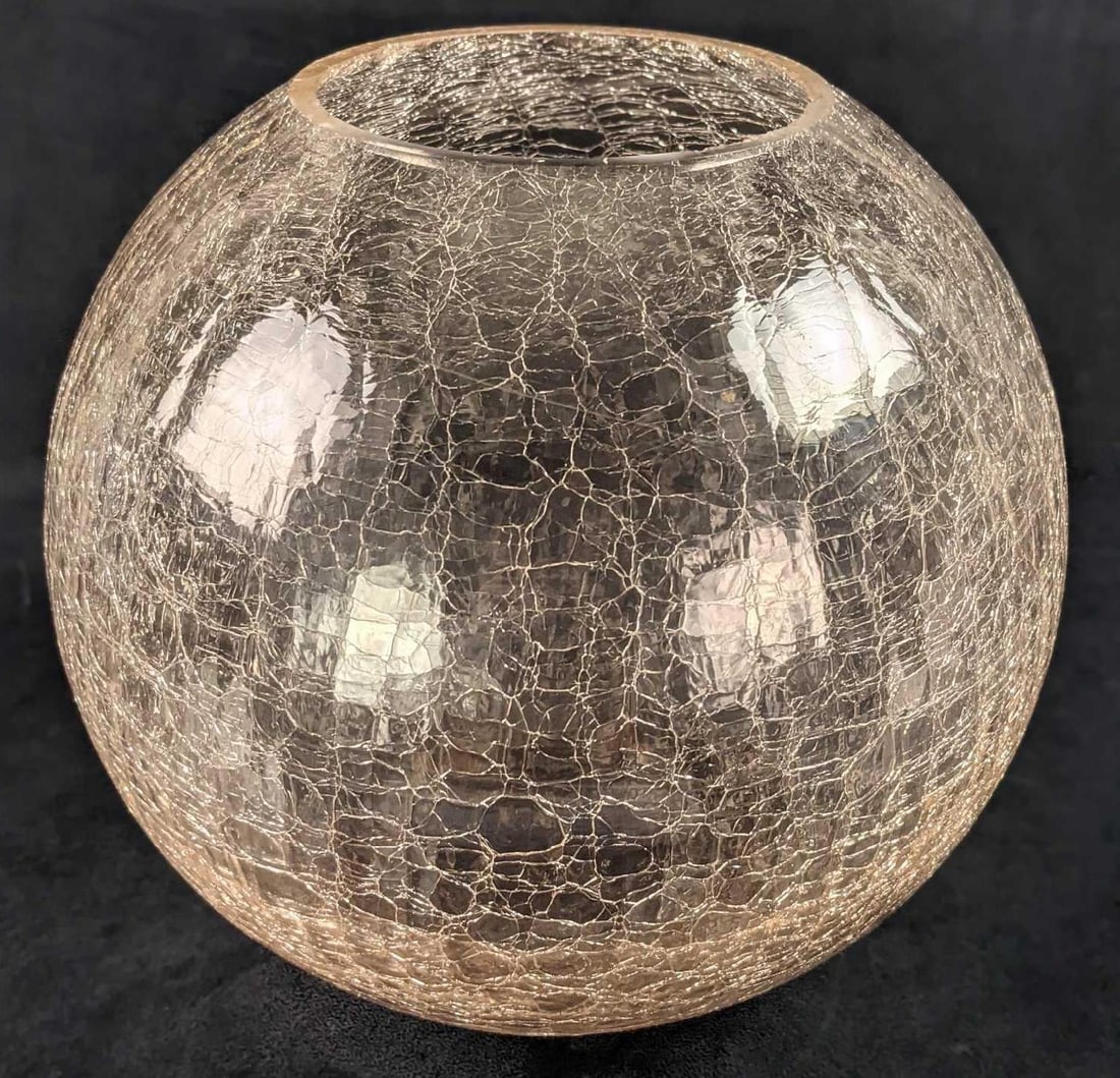 Large Crackle Glass Flower Bowl Pot: Large Crackle Glass Flower Bowl/Flower Pot. Maker and date of creation is unknown. Vase is approx 11" x 11" x 11". Is in a good, vintage condition with the edges on the top inside having chips. There 