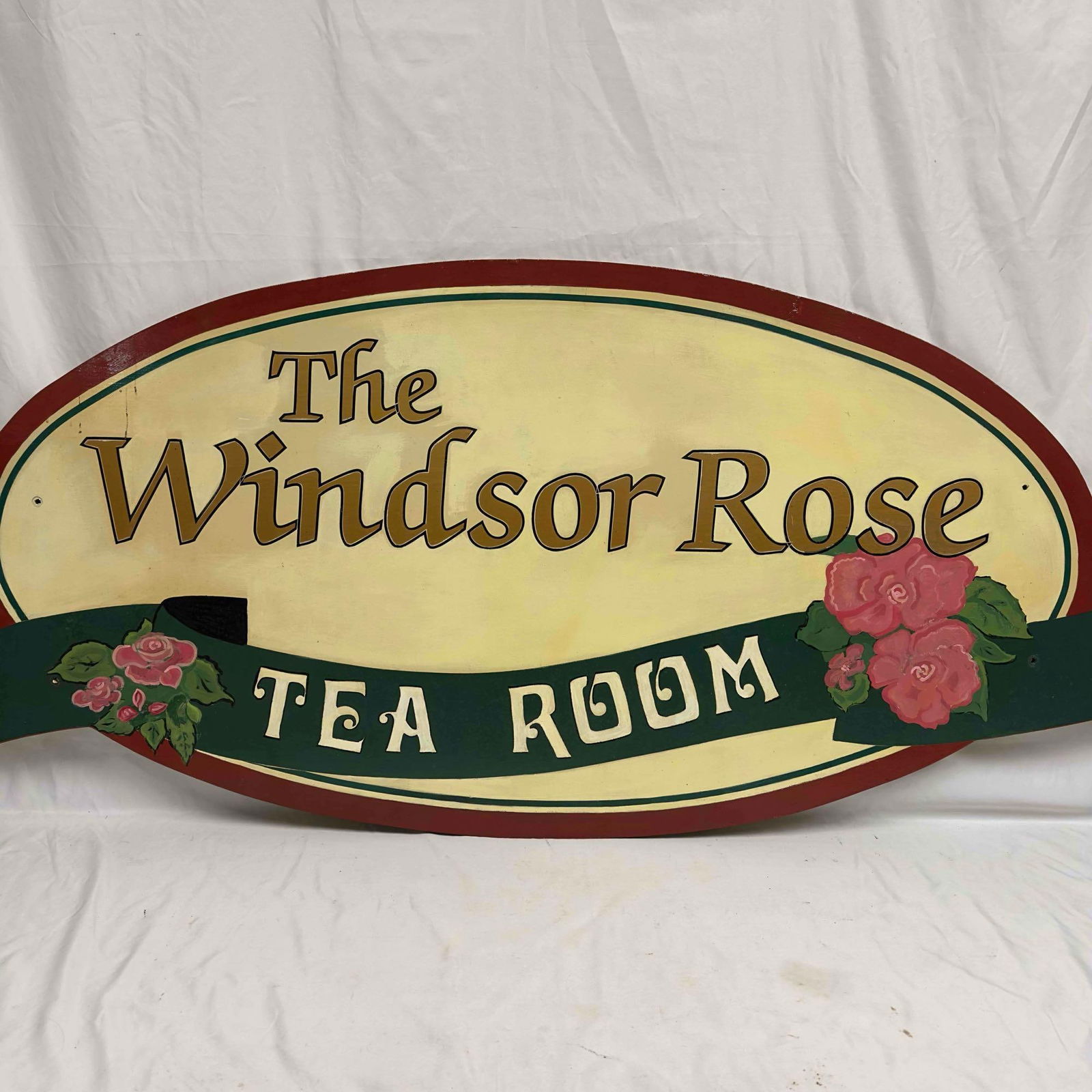 Handcrafted The Windsor Rose Tea Room Pink Flower Hand Painted Wooden Ad Sign Large: Handcrafted The Windsor Rose Tea Room Pink Flower Hand Painted Wooden Ad Sign Large. This large advertisement sign came from the original The Windsor Rose English Tea Room in downtown Mount Dora, FL.