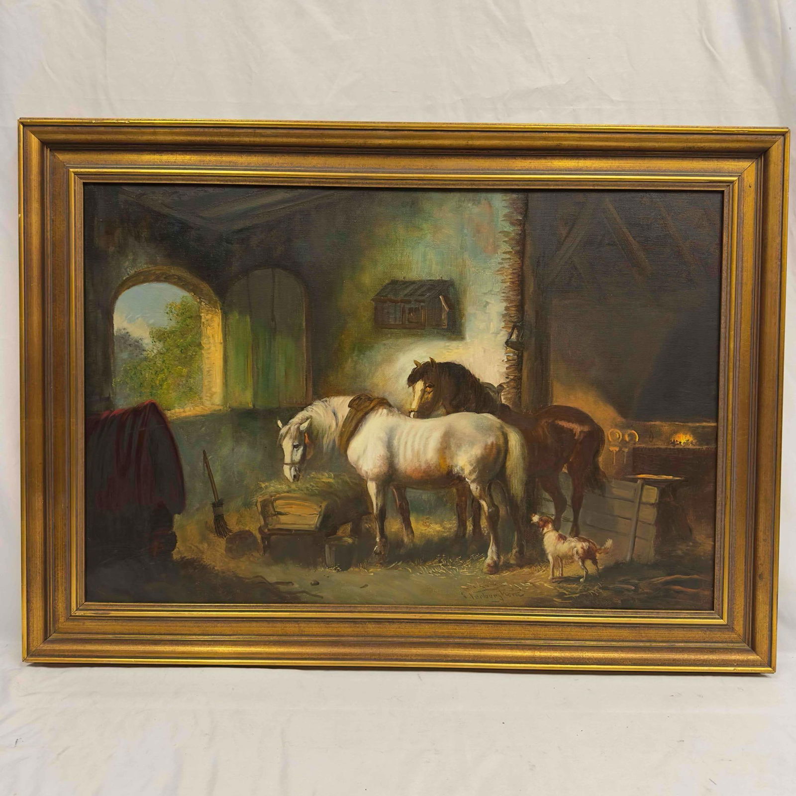 J Verberghem Horses in The Stable Framed Oil on Canvas Painting R126 (1 of 13)