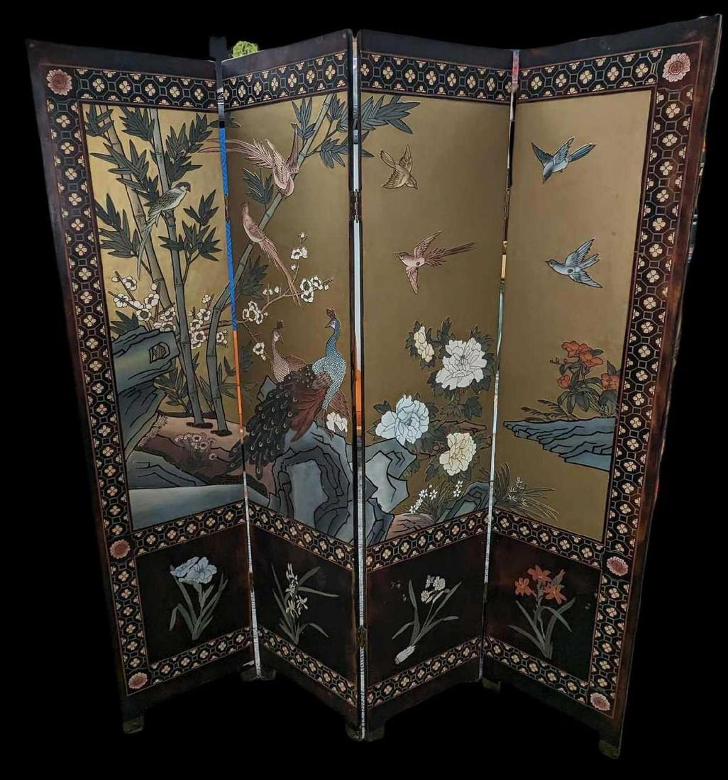 Vintage Oriental Style Birds 4 Panel Room Divider (1 of 11)