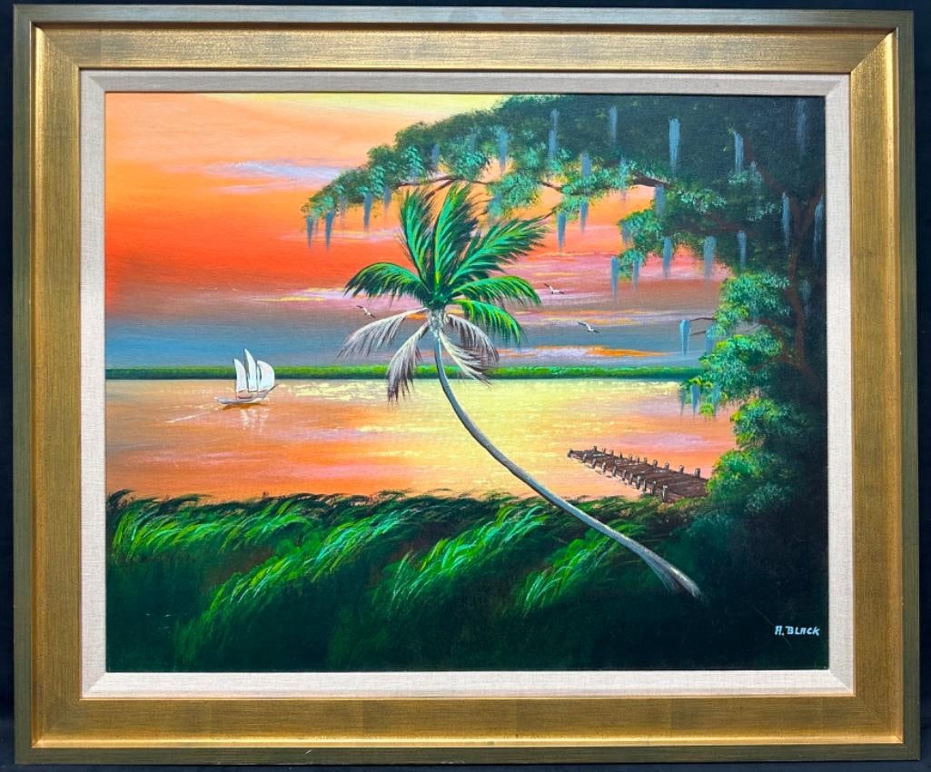 Sunset Boat Al Black Highwayman Original Oil on Canvas: Sunset Boat Al Black Highwayman Original Oil on Canvas This original oil on canvas by Al Black features a sunset scene with a boat and dock on the waterway. The boat is an uncommon subject in a painti