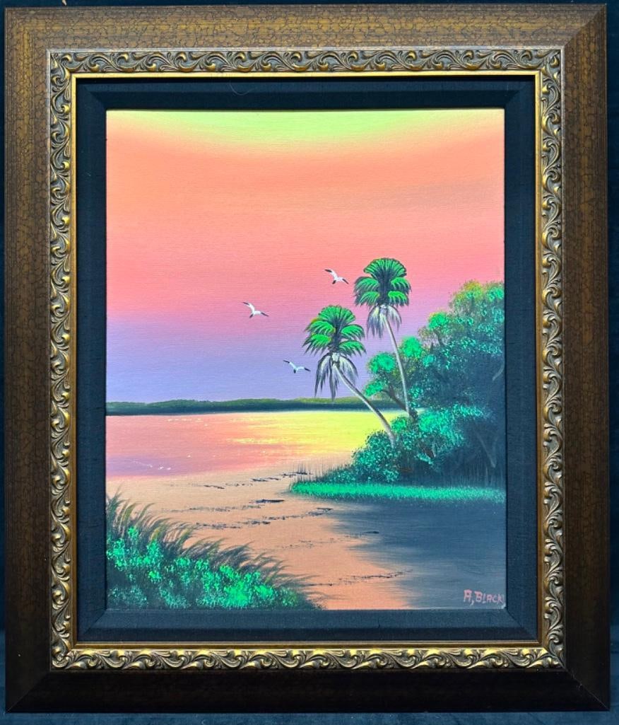 Sunset Al Black Highwayman Original Oil on Canvas: Sunset Al Black Highwayman Original Oil on Canvas This original oil on canvas by Al Black features a pair of palm trees against a sunset sky in a wetland area, a common subject for the Highwaymen. Al 