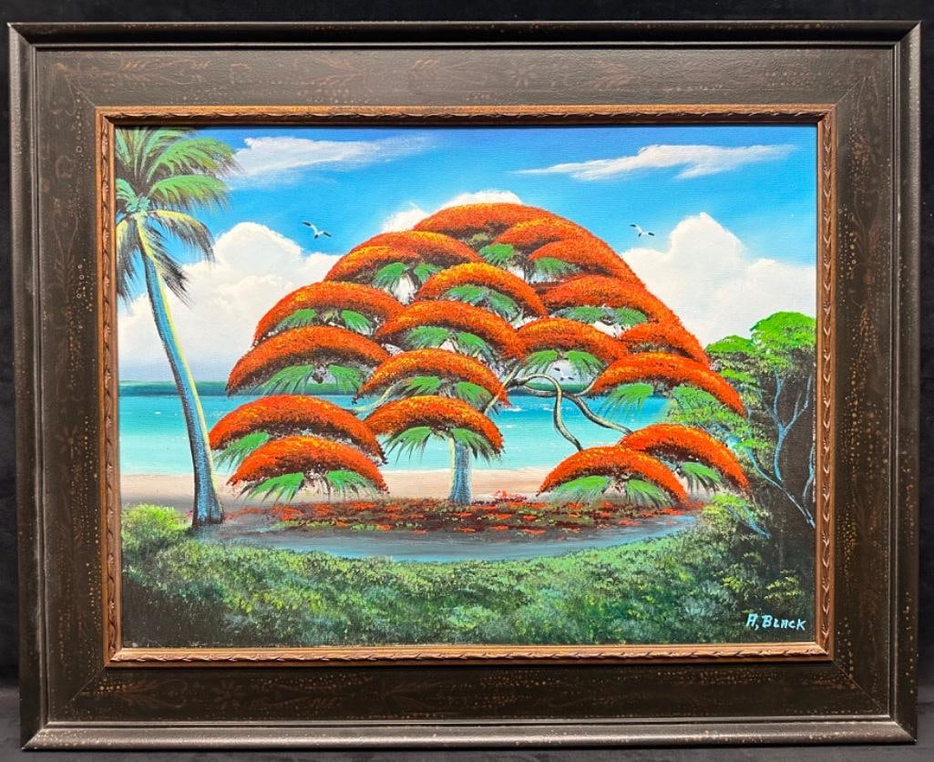 Poinciana by Al Black Highwayman Original Oil on Canvas: Poinciana by Al Black Highwayman Original Oil on Canvas This original oil on canvas by Al Black features a common Florida Highwaymen motif of the Poinciana tree. The stark red tree is a common sight i