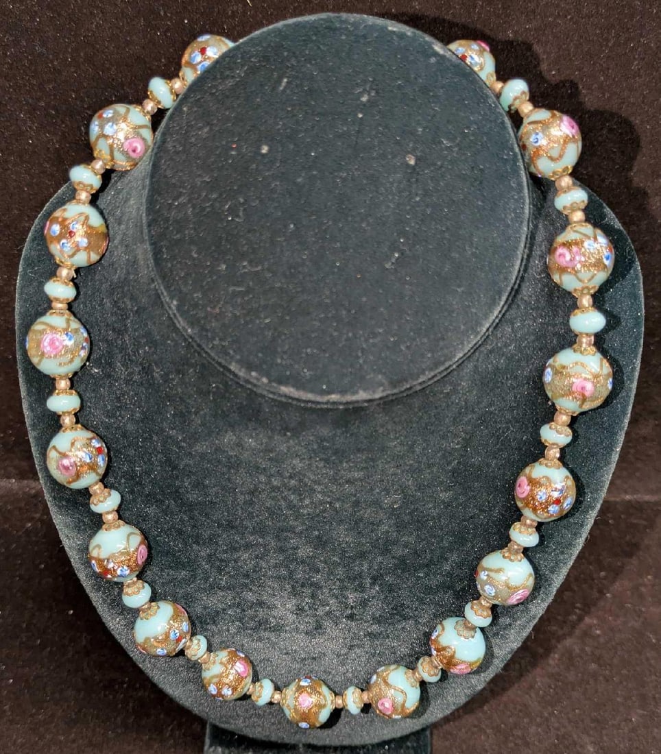 Vintage Italian Murano Pink Gold And Blue Art Glass Bead Necklace KKKK (1 of 4)