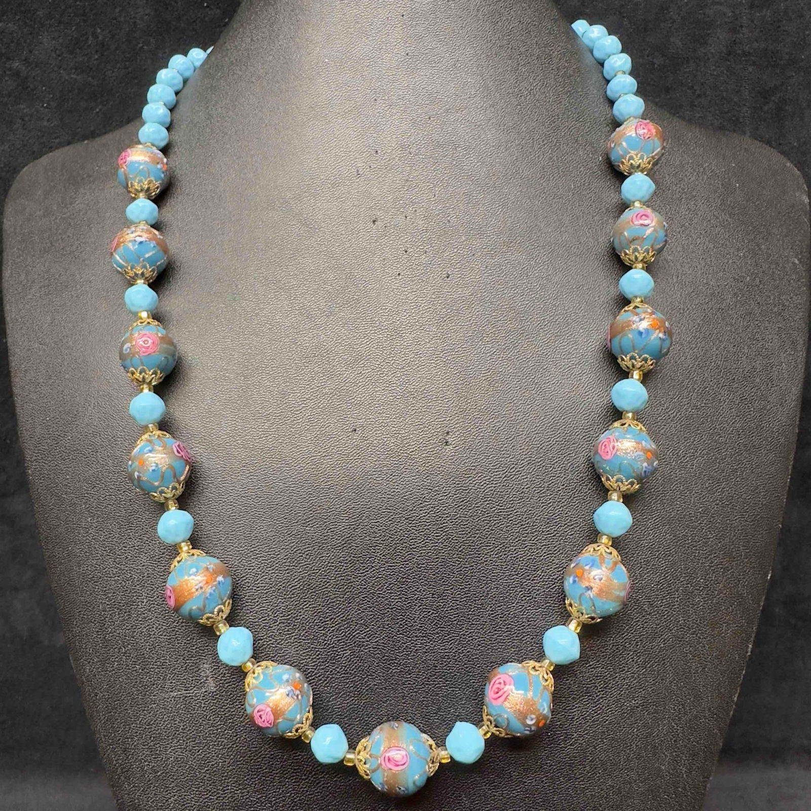 Murano Venetian Art Glass Lamp Work Light Baby Blue Round Bead Fiorato Beaded Necklace C54 (1 of 8)