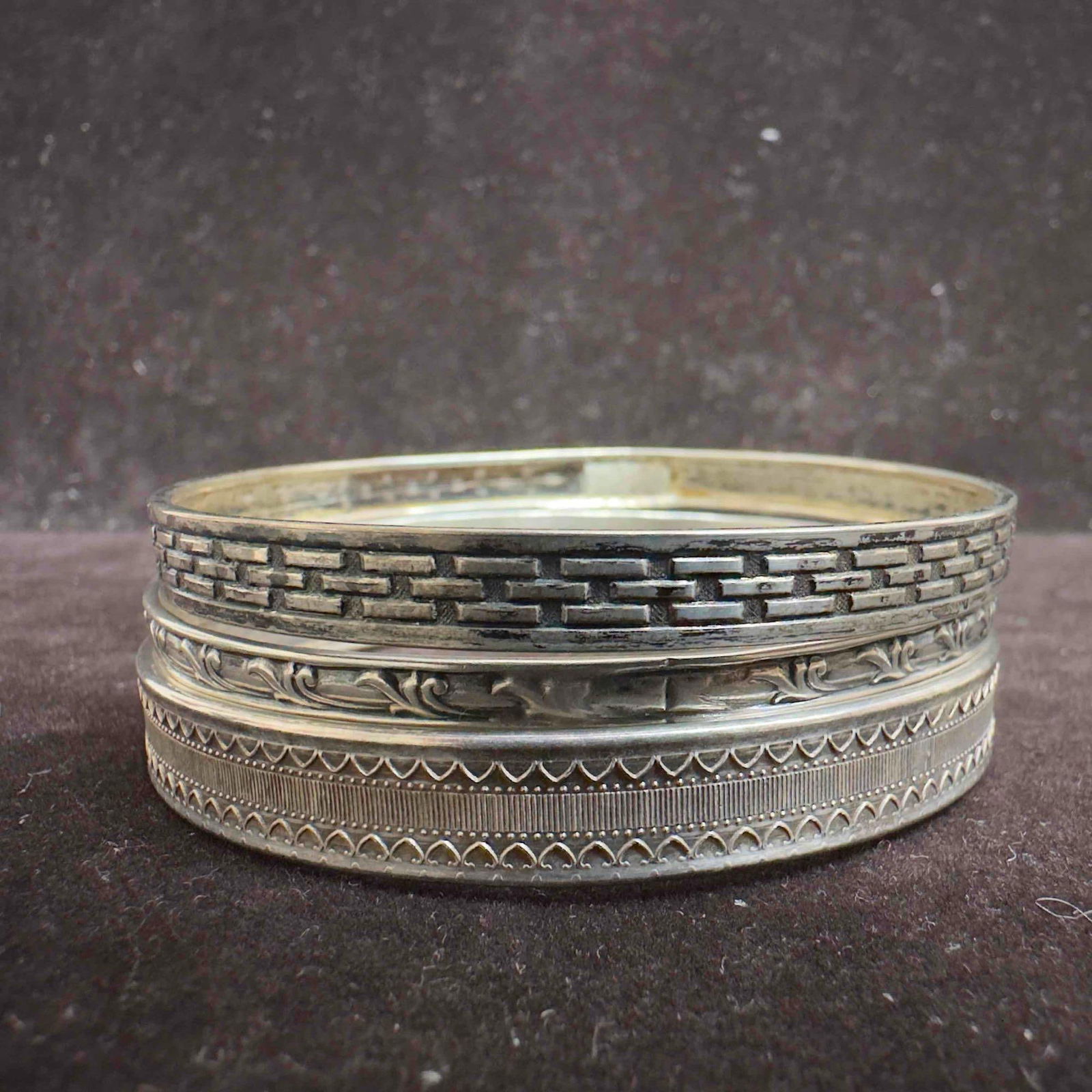 Sterling Silver Geometric Lines Etched Motifs Bangle Bracelet Set Three Bracelets (1 of 5)