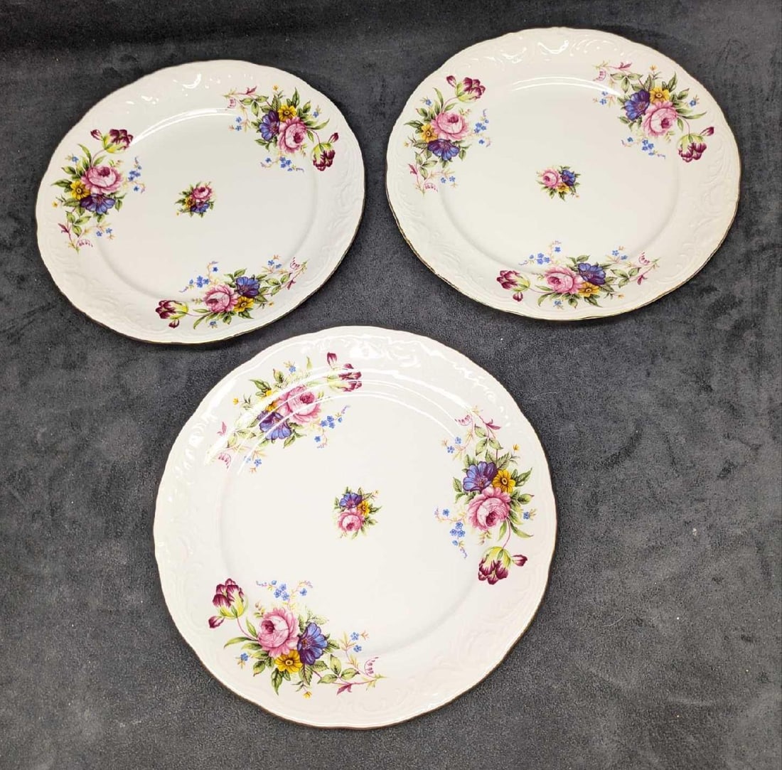 3 Royal Kent RKT6 Floral Pattern Dinner Plates F: 3 Royal Kent RKT6 Floral Pattern Dinner Plates F. Each fine china plate is approx 10" x 10" x 1 1/4" and the total weight is 3.87lbs. The plates have no chips or cracks. There are some light scra