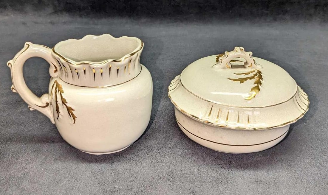 Ironstone Porcelain Gold Accents Covered Bowl & Pitcher: Ironstone Porcelain Gold Accents Covered Bowl & Pitcher. This lot includes: (1) White Ironstone Porcelain Gold Accents Covered Bowl. This is approx 5" x 5" x 4". (1) White Ironstone Po