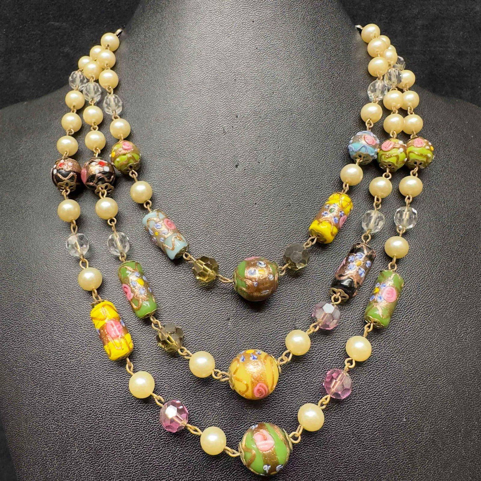 Venetian Murano Lamp Work Glass Art Multi Colored Beaded Pearl Accents Triple Layer Necklace E55 (1 of 13)