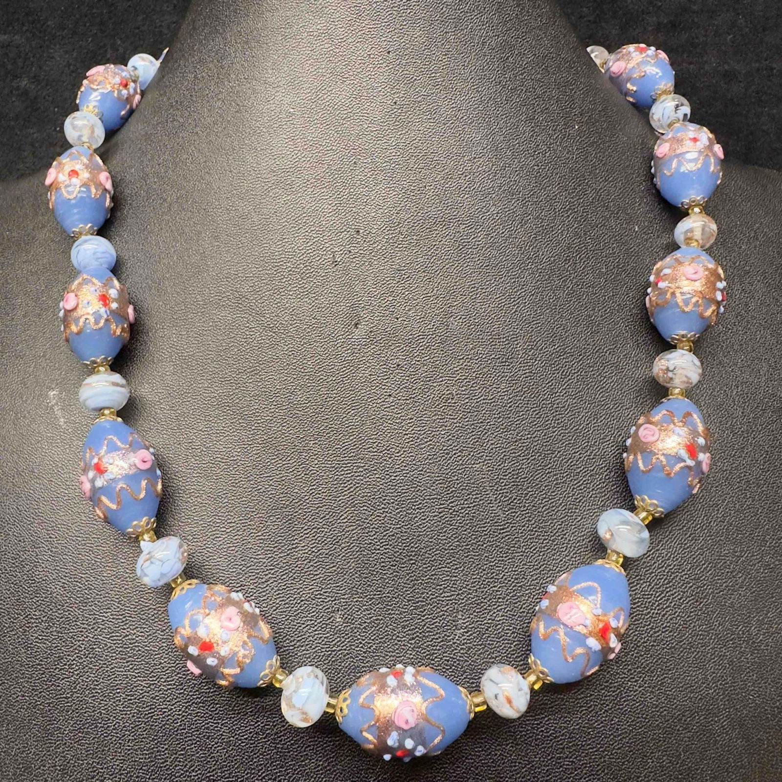 Murano Venetian Art Glass Lamp Work Light Blue Round Bead Floral Fiorato Beaded Necklace C55 (1 of 7)