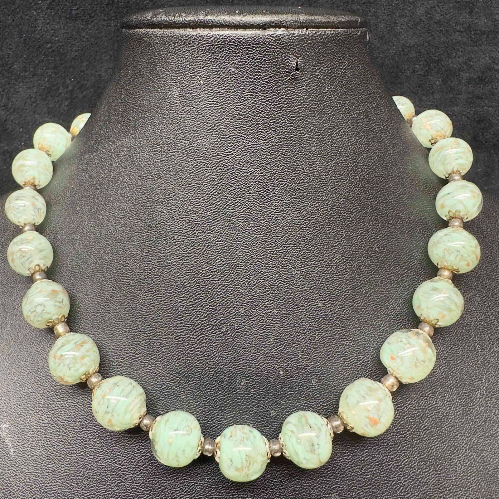 Murano Venetian Art Glass Lamp Work Light Green Copper Round Beaded Necklace C70 (1 of 7)