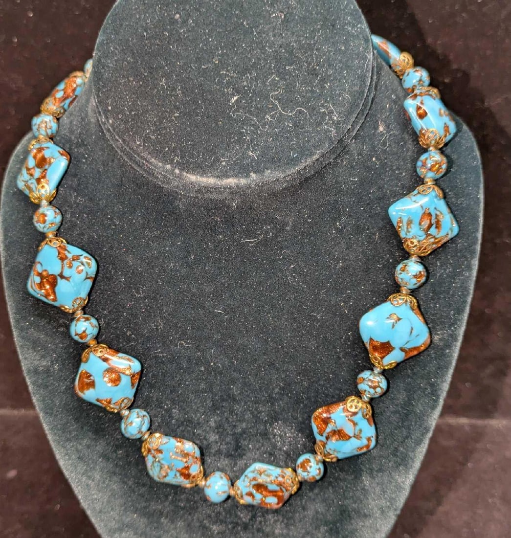 Vintage Italian Murano Blue And Gold Art Glass Bead Necklace LL (1 of 4)