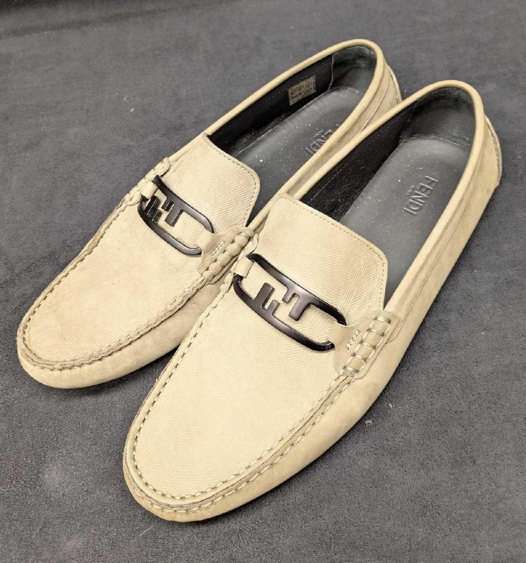Fendi Italian O-Lock Logo Suede Loafers Mens 9: Fendi Italian O-Lock Logo Suede Loafers Mens 9. Outer: Calf Suede 100%. Sole: Rubber 100%. Lining: Calf Leather 100%. Comes with the original box that is approx 13 3/4" x