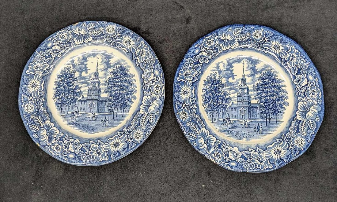 2 Retired Liberty Blue Staffordshire Dinner Plates A: 2 Retired Liberty Blue Staffordshire Dinner Plates A. This series was released from the year 1975 to the year 1981. The plate is approx 9 3/4" x 9 3/4" x 3/4" and the total weight is 2.60 lbs. There i