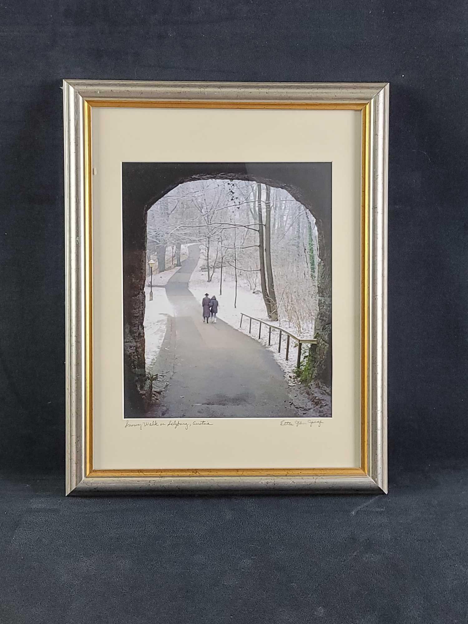 Snowy Walk Austria Photograph Etta Jean Juge Winter: Snowy Walk in Salzburg, Austria photograph by Etta Jean Juge. Photo is framed and matted. Ready to hang. In good condition, with no known damages. Approx. measures 14" x 18", weight is 2 lbs. 