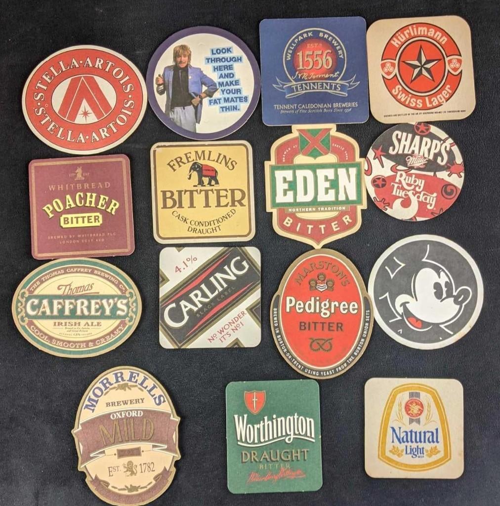Assorted Coasters Irish Swiss English Beer Coaster: Assorted Coasters Irish Swiss English Beer Coaster. This is a set of 15 assorted beer coasters. Some of these are vintage coasters. This assortment offers coasters such as Swiss, Irish, and English be