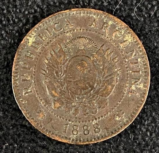 1888 Argentina 1 Centavo Bronze Coin: 1888 Argentina 1 Centavo Bronze Coin 1 centavo coin from Argentina, minted in 1888. This is a rare date for this coin, and it is in good condition with very fine details. Approximate size: 1" x 1&