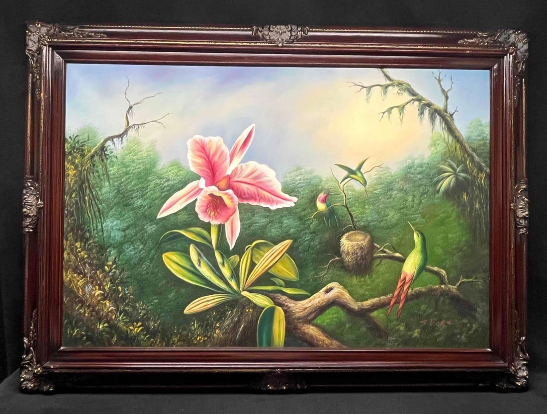 Framed Oil Painting On Canvas Reproduction Of Cattleya Orchid And Three Hummingbirds (1 of 8)