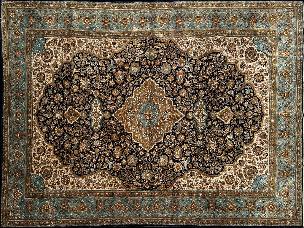 Isfahan Persian Silk Rug Blue Tan Ivory Floral 1960s (1 of 10)