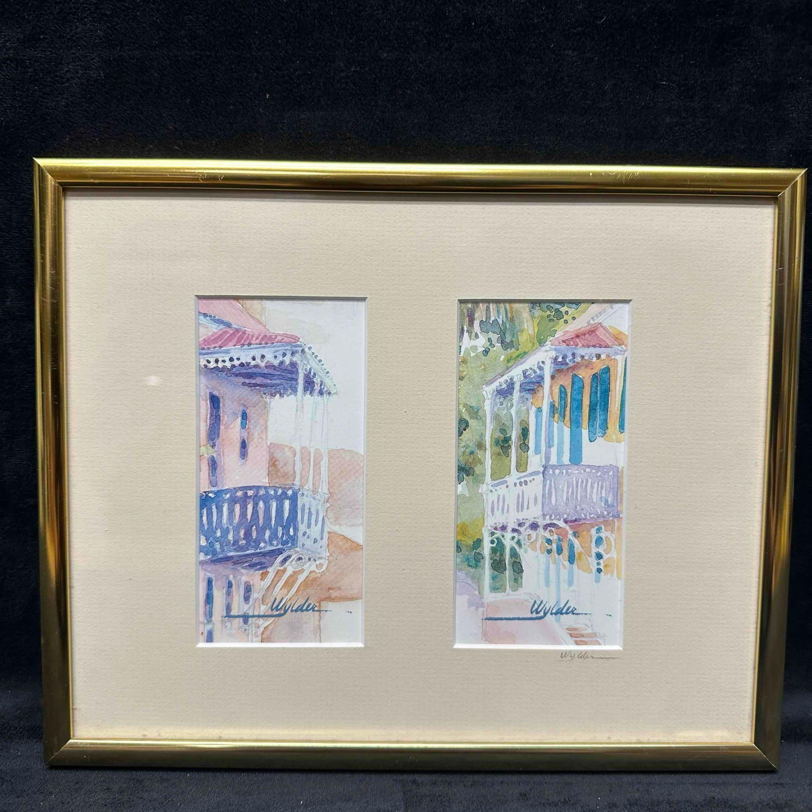 Balconies of Old San Juan Puerto Rico Style Architecture Watercolor Framed Art Signed Wylder (1 of 5)