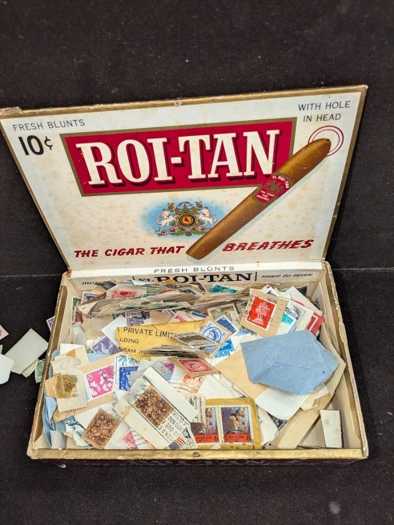 Hundreds of Vintage Stamps in Vintage Cigar Box: Hundreds of Vintage Stamps in Vintage Cigar Box This is a lot of well over 200-300 stamps. These stamps are missing its gum and appear to have been removed from a stamp book or cut from an envelope, a
