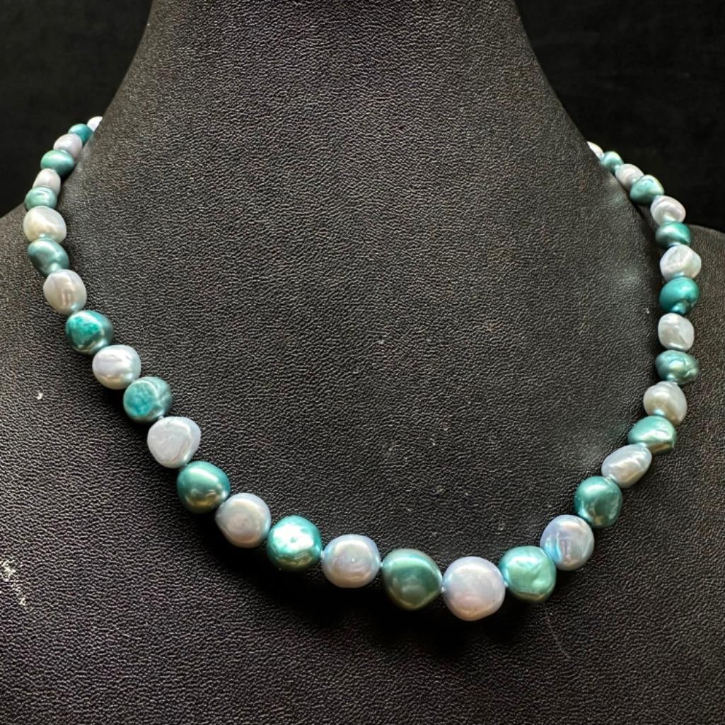 Freshwater Pearl Sterling Silver Clasp Necklace: This piece of jewelry has been tested and researched prior to listing. Please view all our pictures they are part of our description. DETAILS: Metal - Sterling Silver Color -Silver Stones - none Hallm