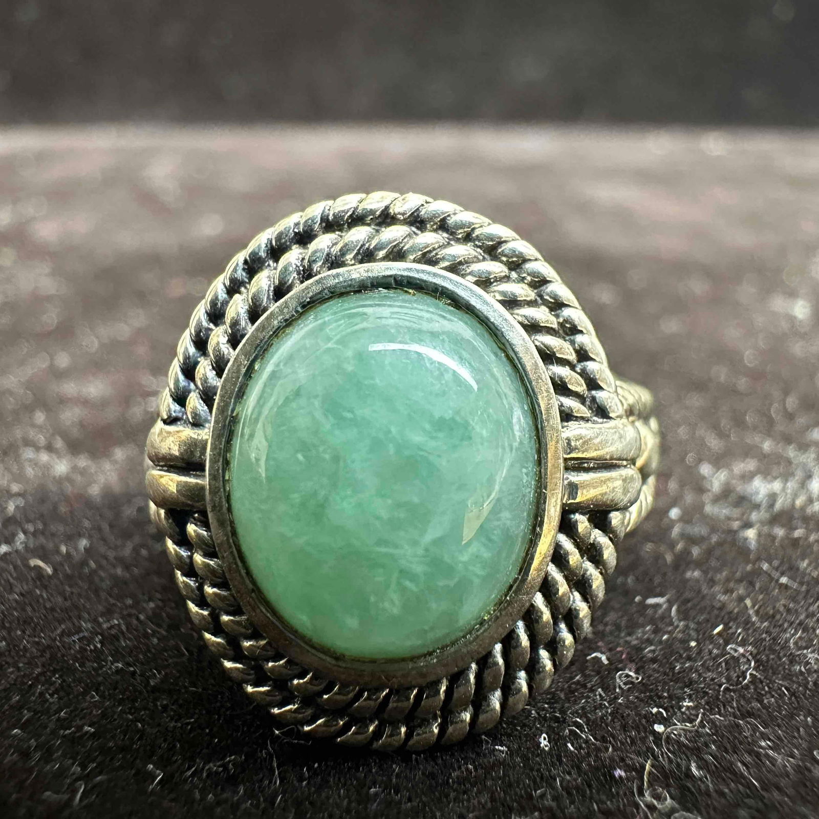 Green Jade Stone Oval Round Setting Twisted Rope Bezel Sterling Silver Ring (1 of 10)