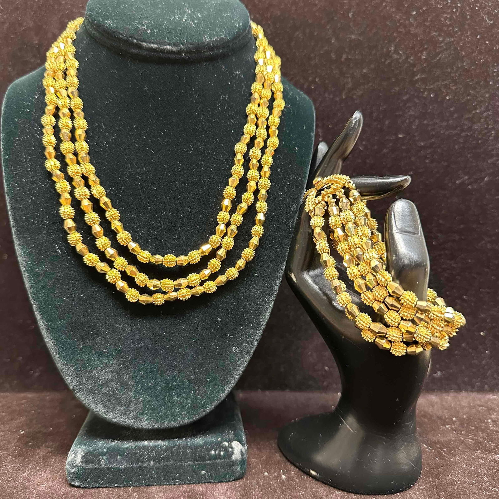 Crown Trifari Electra Collection Triple Strand Gold Toned Nub Textured Beaded Necklace and Bracelet: Crown Trifari Electra collection necklace and bracelet. These items are in good pre-owned, previously displayed condition with light wear, and surface scratches. Please reference all photos for full d