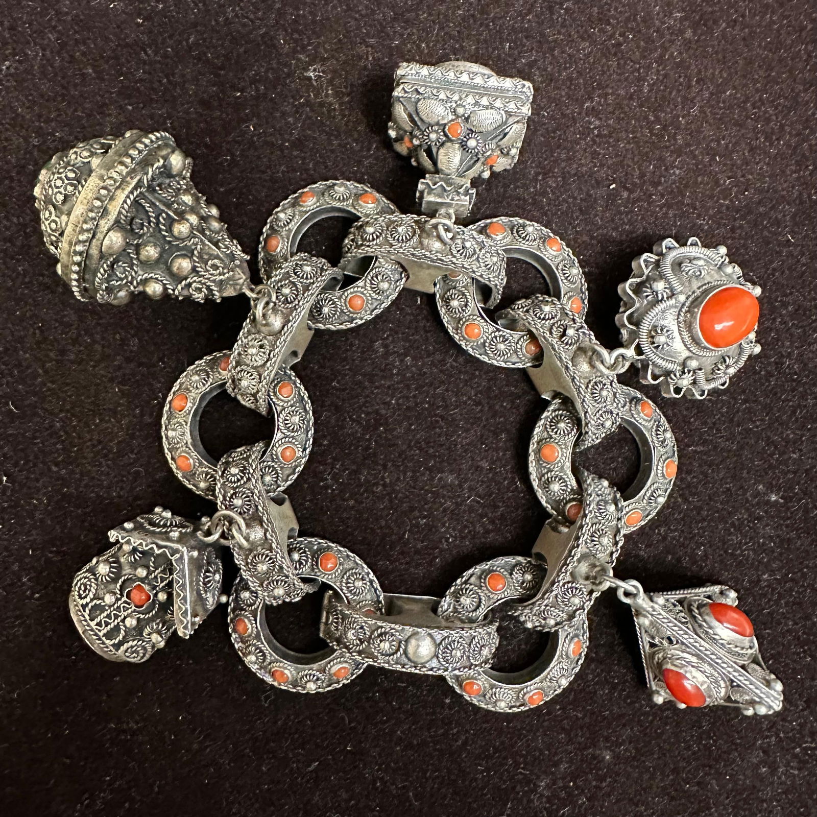 Natural Carnelian Stone Charm 800 Silver Etruscan Revival Thick Chain Bracelet K68 (1 of 9)