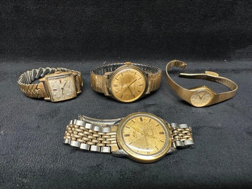 Lot of 4 Vintage Watches: Lot of 4 Vintage Watches Lot of vintage watches from waltham, times, mido, and helbros. Approximate size: 4" x 2.5" x 1.5" Approximate weight: 0.43 lbs