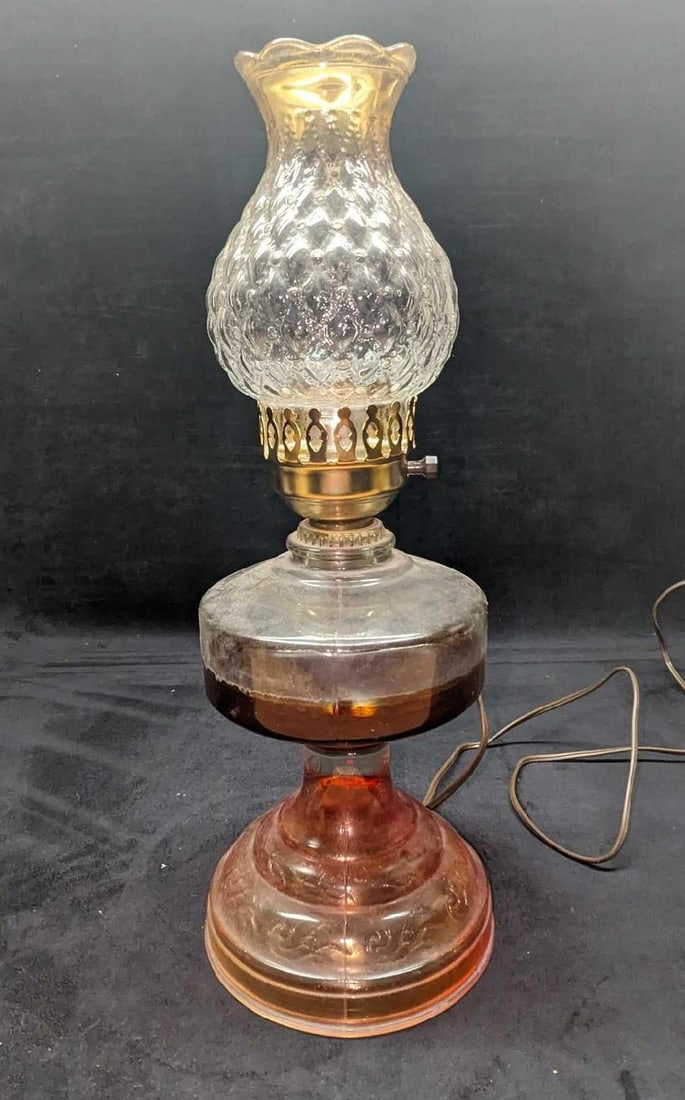 Vintage Glass Converted Oil Lamp: Vintage Glass Converted Oil Lamp. The lamp is approx 6 1/2" x 6 1/2" x 12 1/2". The glass shade is approx 5" x 5" x 7". The total weight is 4.34 lbs. There is some wear and markings on the lamp. There