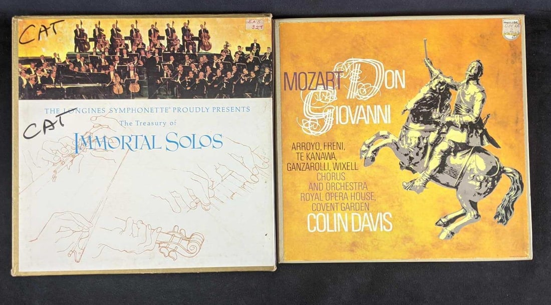 Two Classical Music Record Box Sets Mozart Longines Symphonette: Two Classical Music Record Box Sets Mozart Longines Symphonette This lot has two box sets of classical music by Mozart made into an Opera by Don Giovanni (4 discs) and Longines Symphonette performing