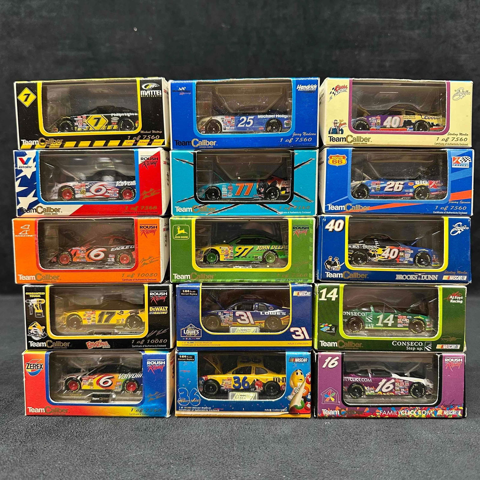 Team Caliber 1:64 Scale Collectible Diecast Metal NASCAR Racing Replica Set 15 Fifteen: Team Caliber 1:64 Scale Collectible Diecast Metal NASCAR Racing Replica Set 15 Fifteen. Several brands represented are K-Mart, Coors Light, Conseco, Nations Rent, ande more. These collectibles are in