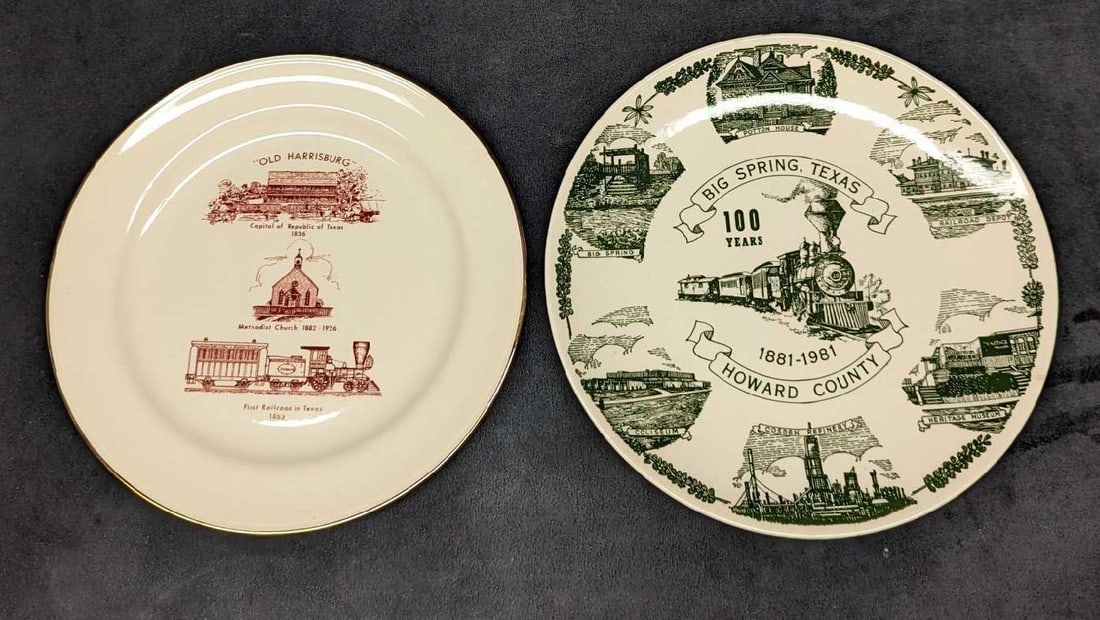 Two Vintage Texas Train Souvenir Plates: Two Vintage Texas Train Souvenir Plates. This lot includes: (1) Big Spring, Texas - 100 Years - Howard County - Trains Plate. This was made by the Kettlesprings Kilns Alliance. The plate is approx 10 