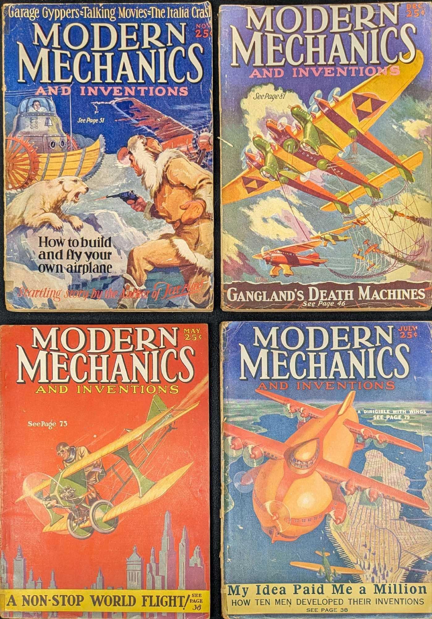 4 Vintage Modern Mechanics And Inventions Magazines 1928 & 1929: 4 Vintage Modern Mechanics And Inventions Magazines 1928 & 1929. This lot includes: (1) Modern Mechanics And Inventions November 1928. (1) Modern Mechanics And Inventions December 1928.