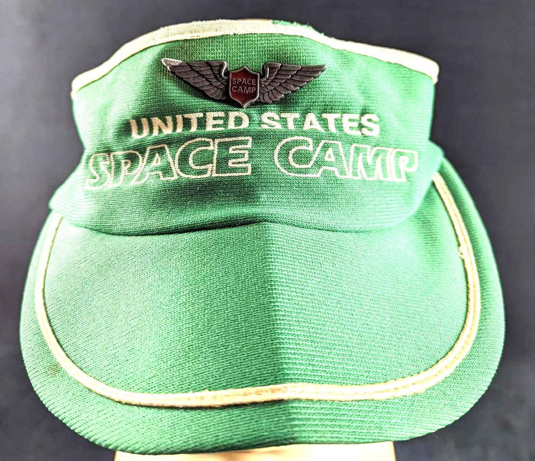 1980s Space Camp Visor & Pewter Flight Wings Pin: This lot includes: (1) Vintage Space Camp Green Visor. "One Size Fits All". Is approx 8" x 10" x 2". The top of the hat has some wear (1) Vintage Space Camp Pewter Wings Pin. Thi