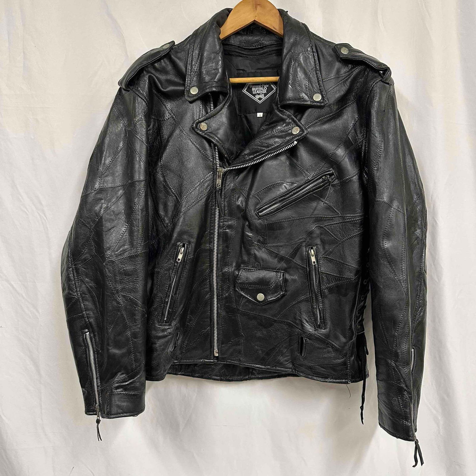 Men's L Diamond Plate Buffalo Leather Black Motorcycle Biker Racer Jacket (1 of 9)