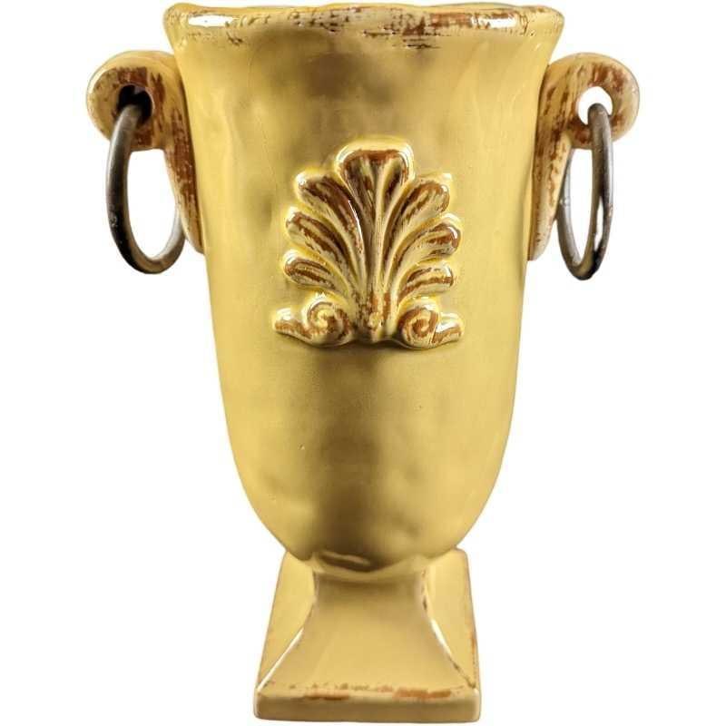 Vintage Ceramic Urn: Ceramic Reproduction Medallion vase with iron handles. Measures approximately 11.5" tall by 5.5" across excluding handles, 7.5" across with handles and it weighs 2.75lbs. The vase is in a good,