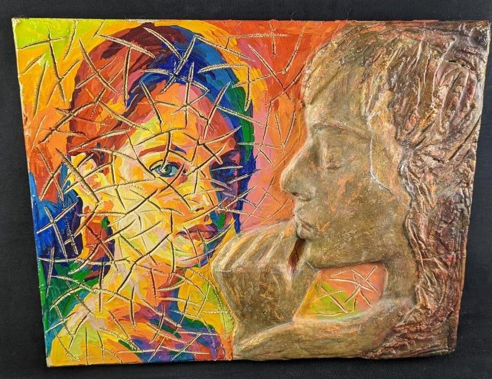 Joulia Vitaliy Mixed Media Carved Fresco X1: This is a very infesting and unique piece by Russian born artist, Joulia Vitaliy. This is a mixed-media of oil on wood, Stucco, water-color, carved resin, and more. This one shows two women, one looki