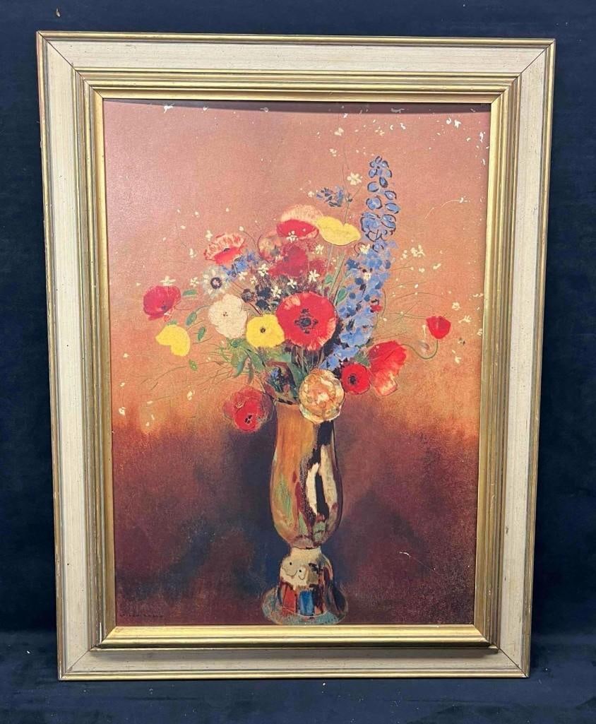 Framed Print On Wood Board Of Odilon Redon's Wild Flowers in a Long Neck Vase: This lot contains Framed Print On Wood Board Of Odilon Redon's (April 20, 1840 - July 6, 1916) Wild Flowers in a Long Neck Vase. The Original artwork is located at the Musée d'Orsay in Paris,