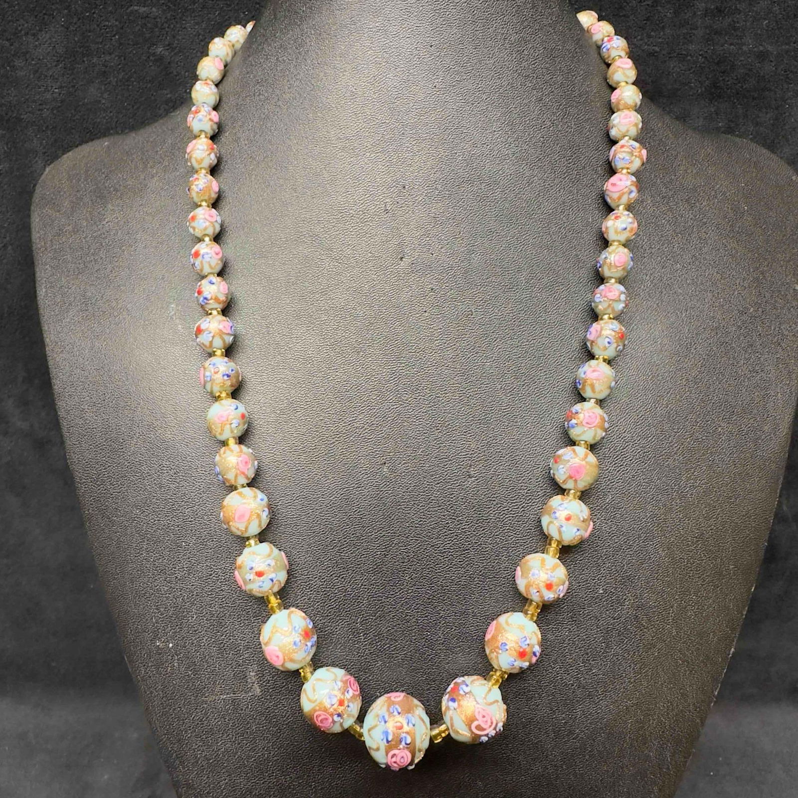 Venetian Murano Lamp Work Art Glass Light Blue Round Bead Fiorato Floral Beaded Long Necklace D27 (1 of 8)