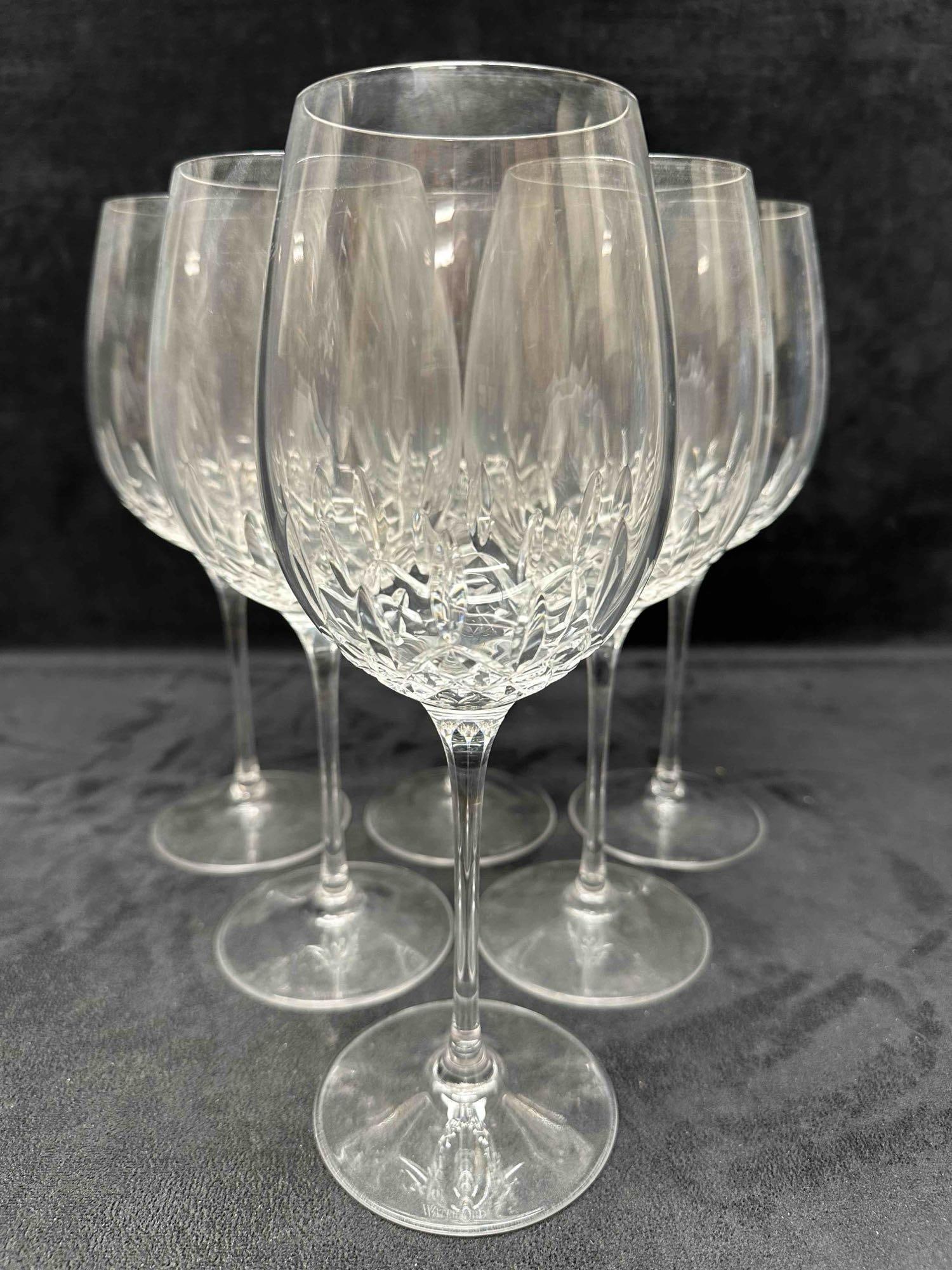 Waterford Crystal Glass Lismore Essence Wine Glasses Goblet Set Six: No chips, cracks, or breaks in the glass. Each piece has the Waterford acid mark on the bottom of the glass. These items are in good pre-owned, previously displayed condition with light wear, and surf