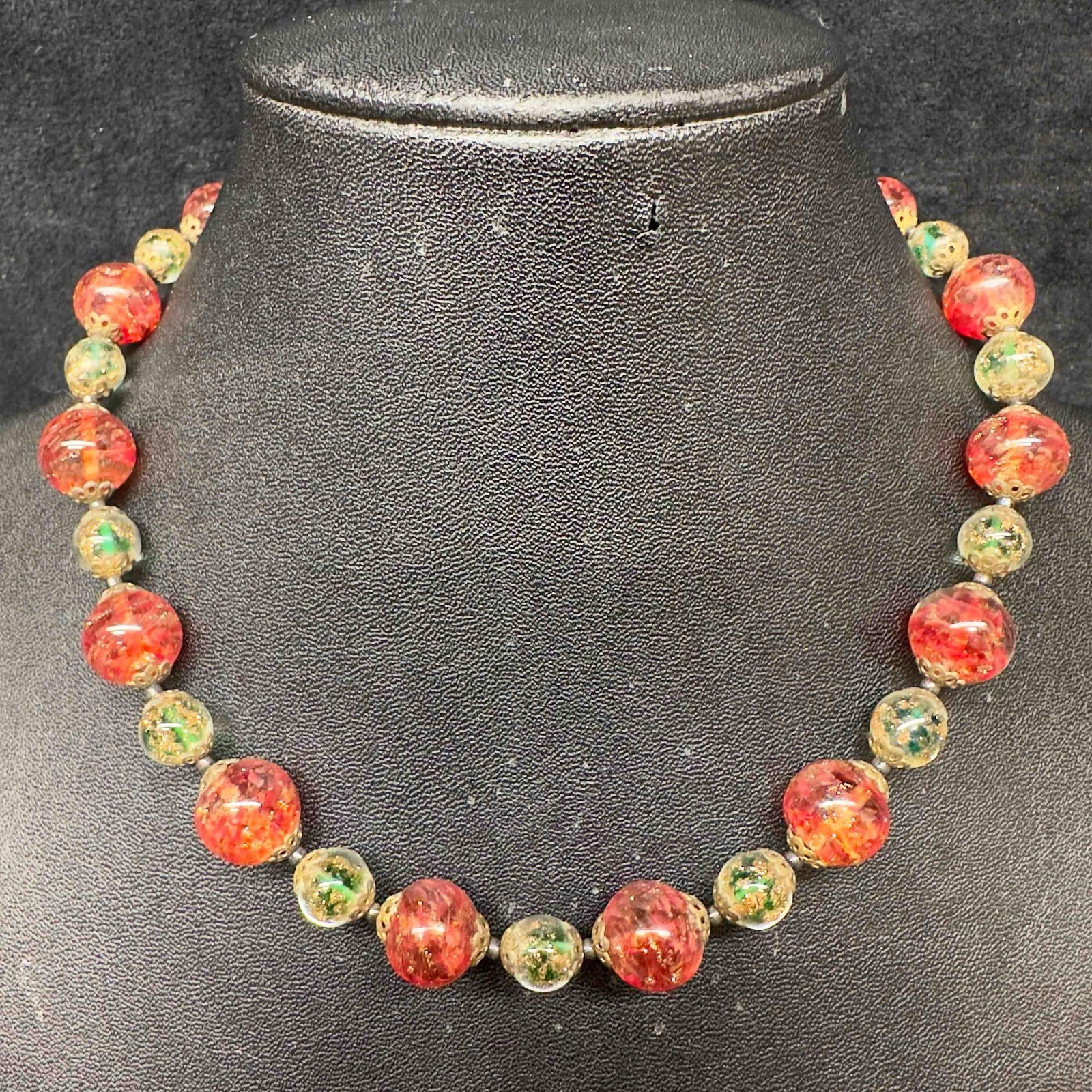 Venetian Murano Art Glass Lamp Work Red and Green Infused Copper Accents Beaded Necklace D23 (1 of 8)