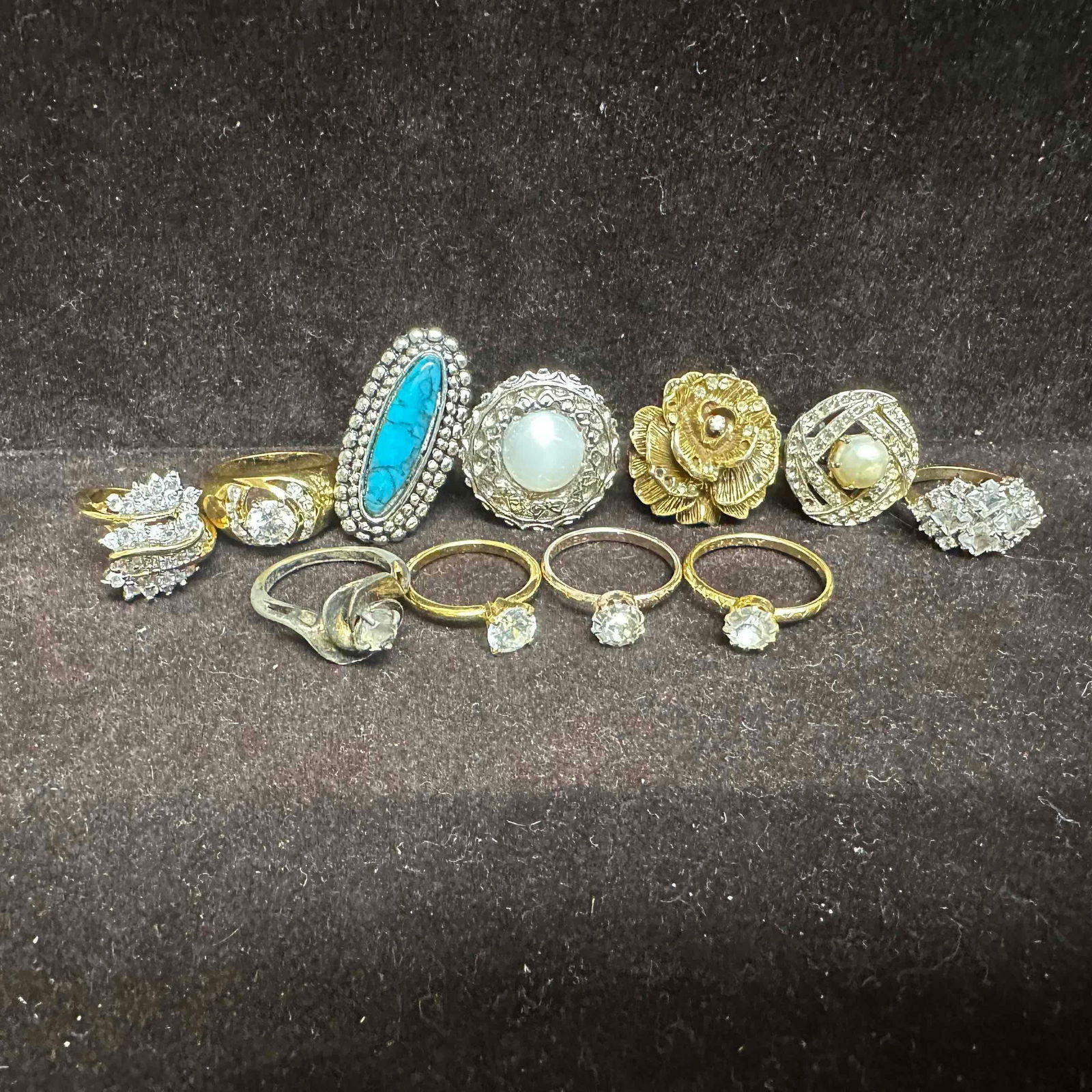 Mid-Century to Retro Costume Jewelry Cocktail Ring Lot Rhinestone Faux Pearl Turquoise Floral (1 of 10)