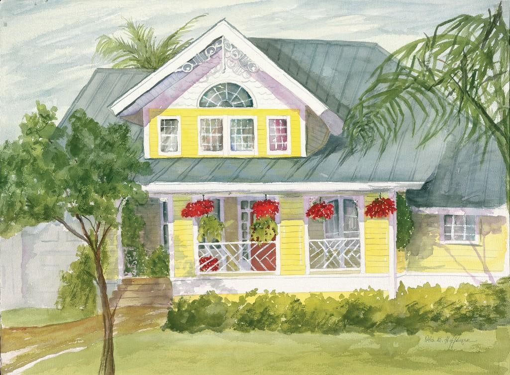 Yellow House with Hanging Flowers Watercolor Giclee Art Print by Alice B. Hoffberger and CD with: Charming original watercolor painting giclee art print by Alice B. Hoffberger, depicting a bright yellow house with a gabled roof, lush greenery, and vivid red hanging flowers that add a pop of color 