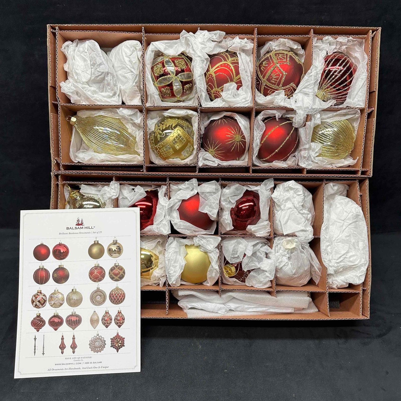 Balsam Hill Brilliant Bordeaux Ornaments Set of 25 Gold Red Glass: Multi colored glass ornaments with beautiful red, gold, silver, and more colored theme. Intricate bead work and glitter accents. Set of 25 featuring a few large burgundy spheres each ornament with a u