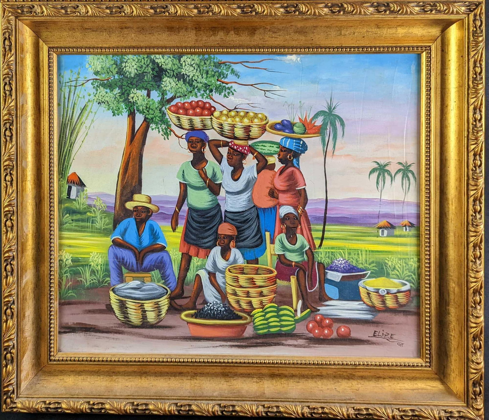 F31 Framed Acrylic On Canvas Group Of Haitian People: Here is a group of Haitian people painted by the artist Elize. The framed canvas is approx 31" x 2 1/2" x 26 3/4" and it weighs 12lbs. The canvas is approx 23 1/2" x 20". The framed original is in a g