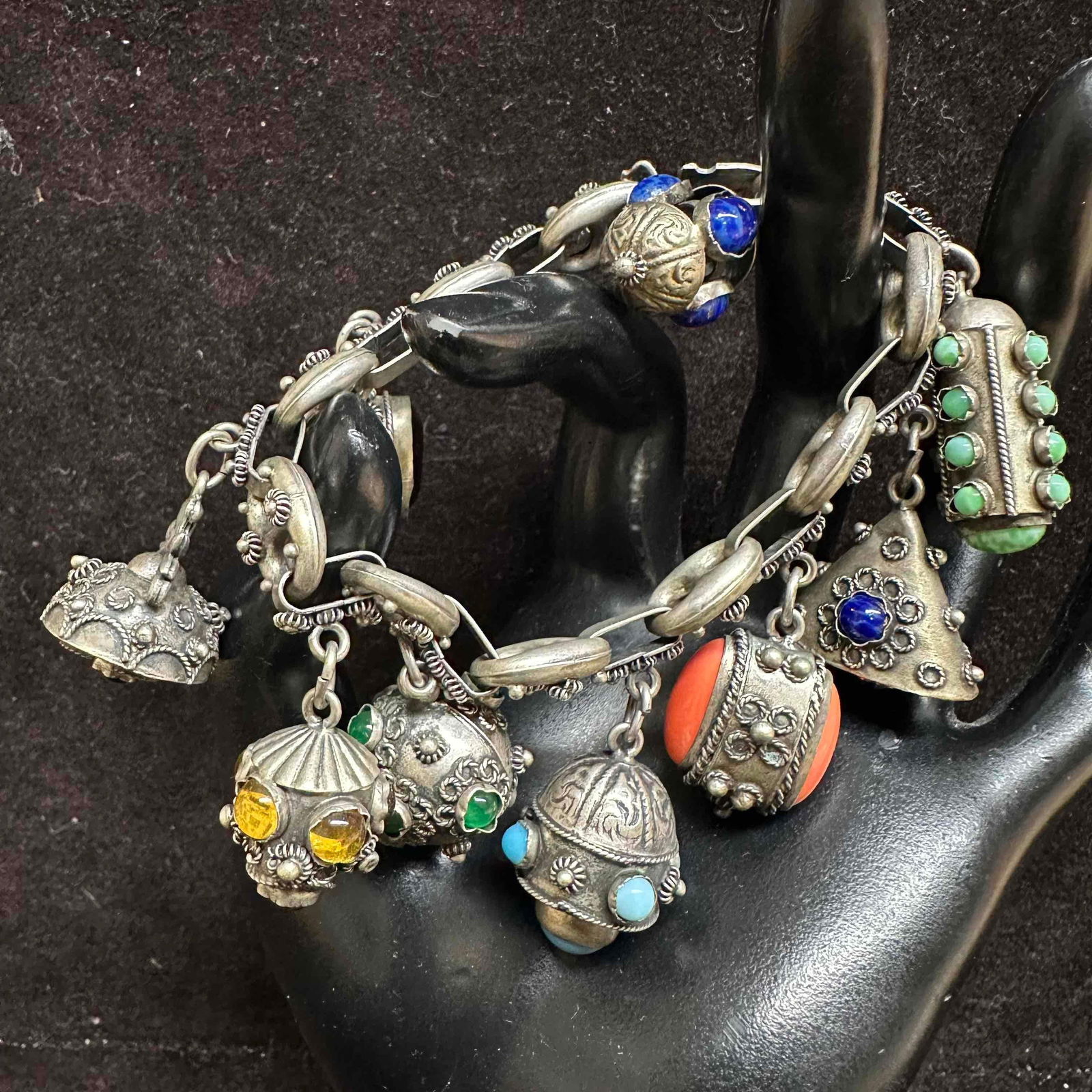 Silver 800 Multiple Ornate Gemstone Charm Etruscan Revival Style Bracelet H9 (1 of 8)