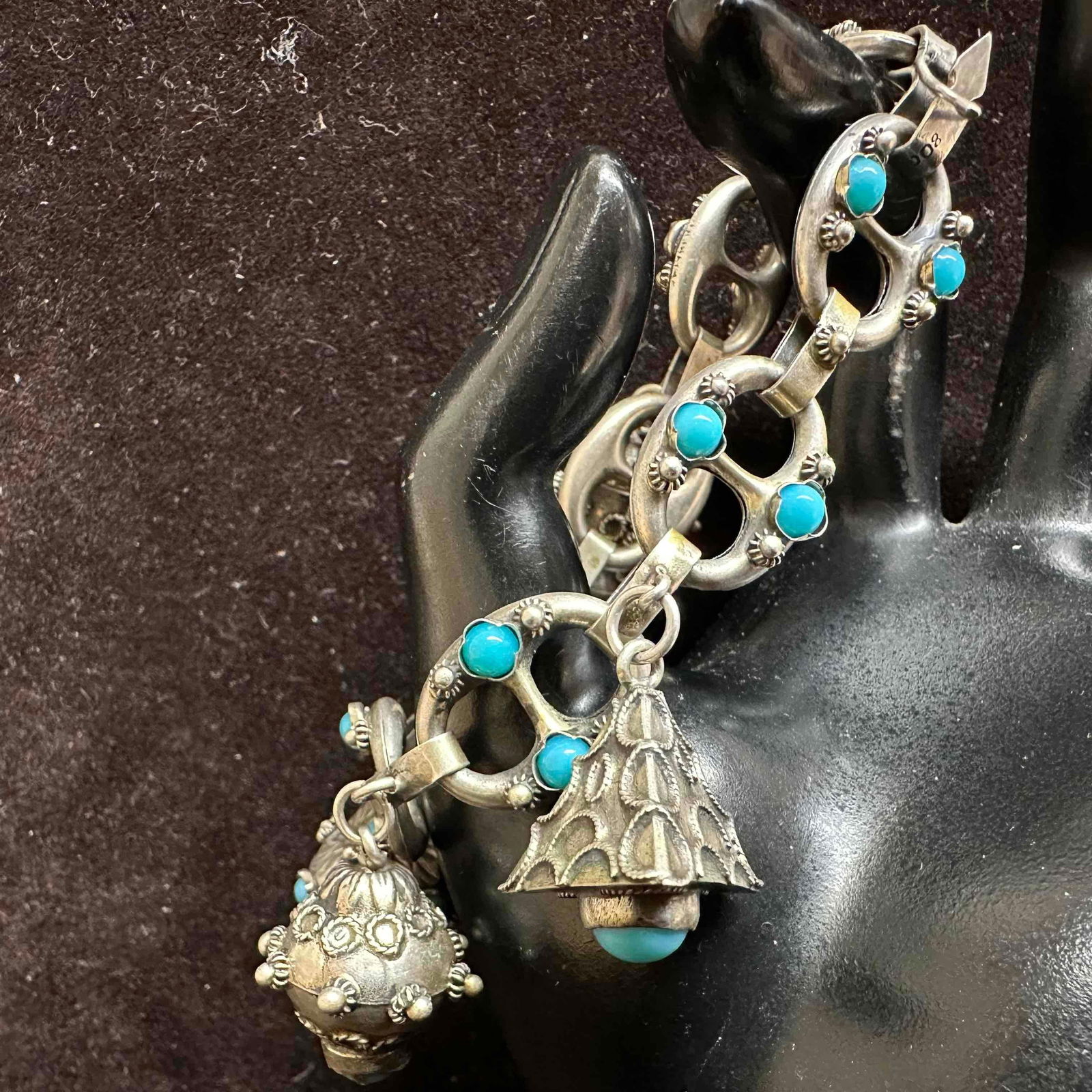 Faux Turquoise Dangle Charms 800 Silver Puff Mariner Link Chain Bracelet I11 (1 of 10)